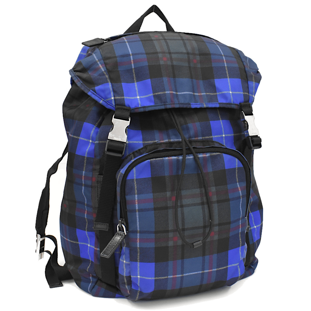 Prada Backpack Rucksack Tartan Testo Nylon Blue Multicolor Triangle